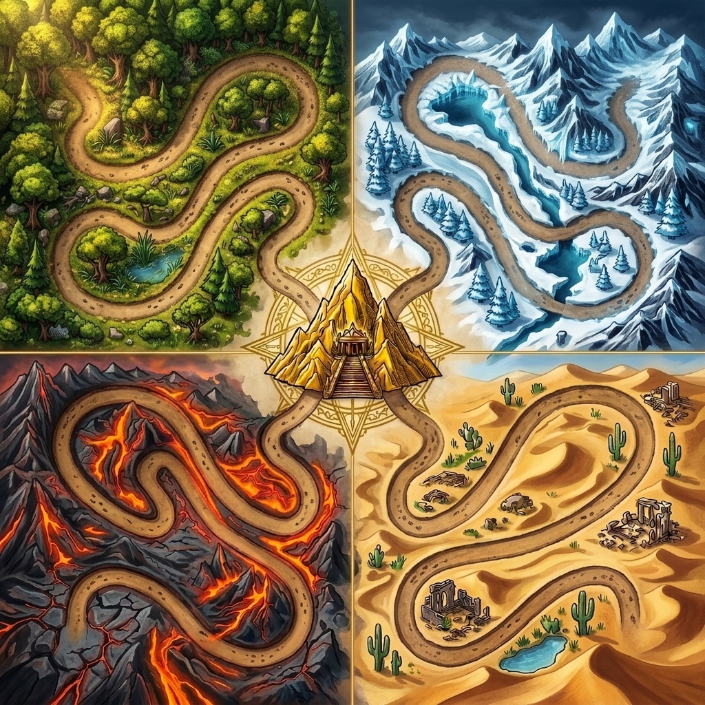 Ascent of Mount Meru Board Map (Printable 4-Path Layout)